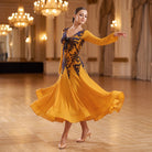 Golden Ballroom Dance Dress Black Lace Applique Bell Sleeve Dance Dress