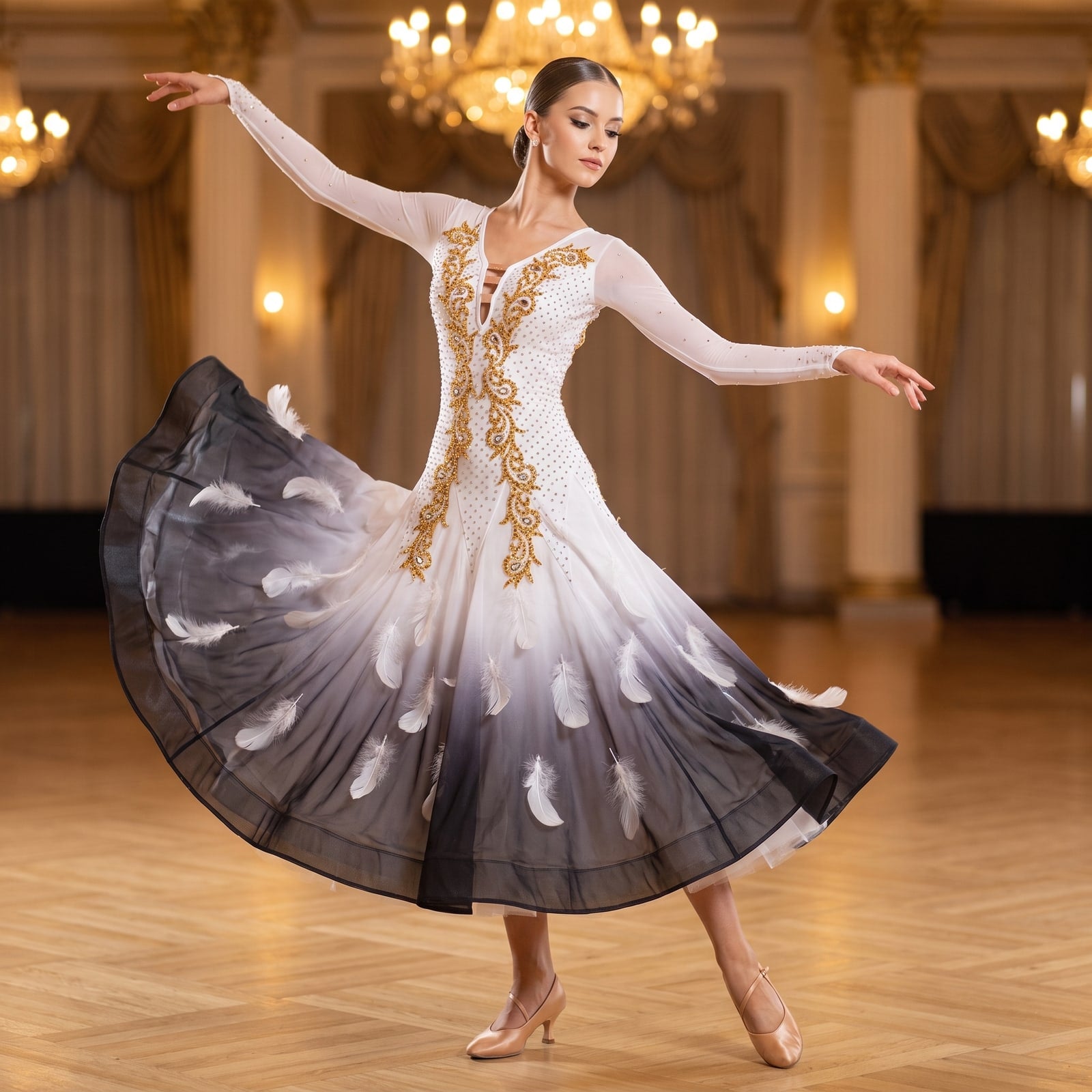 Gold Baroque Embroidered Ballroom Dance Dress Feather Print Ombre Skirt
