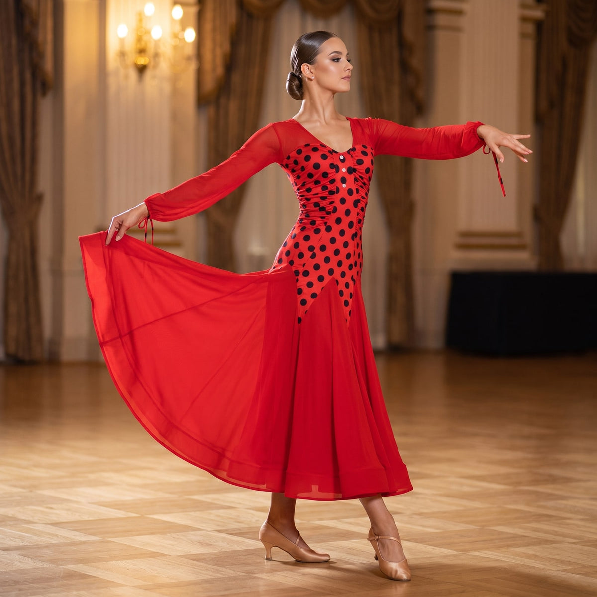 Red polka dot ballroom practice dress with the circle skirt sweeping across a wooden floor