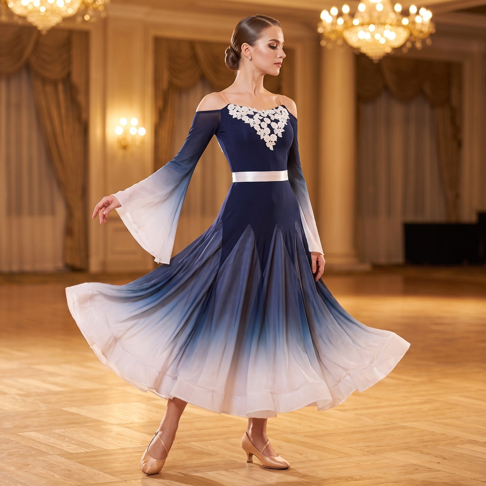 Navy to ivory ombre ballroom dress with a lace yoke and long chiffon streamer sleeves