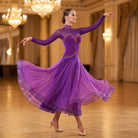 Purple ballroom dance dress with a studded mock neck and layered organza skirt in a ballroom