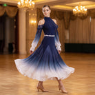 Navy to white ombre ballroom dress with a halter mock neck and tie sleeves mid step