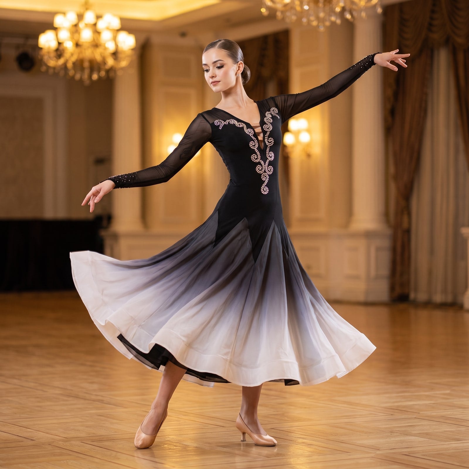 Silver Scroll Ballroom Dance Dress V Neck Mesh Sleeve Ombre Skirt