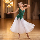 Green Rhinestone Ballroom Dance Dress Sleeveless White Tulle Skirt
