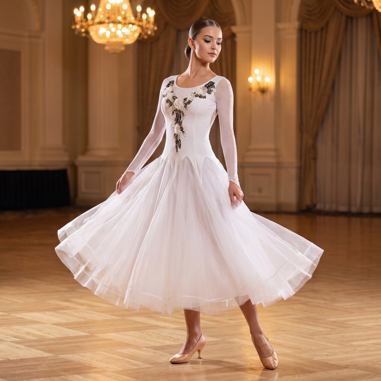 Floral Applique Ballroom Dance Dress Rhinestone Neckline Tulle Skirt