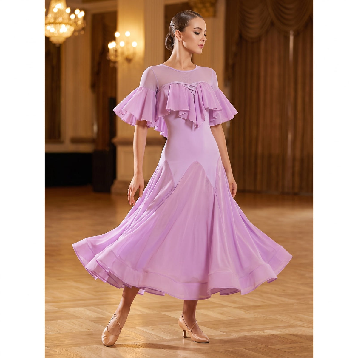 Cape Ruffle Ballroom Practice Dress Lace-Up Mesh Yoke Godet Skirt