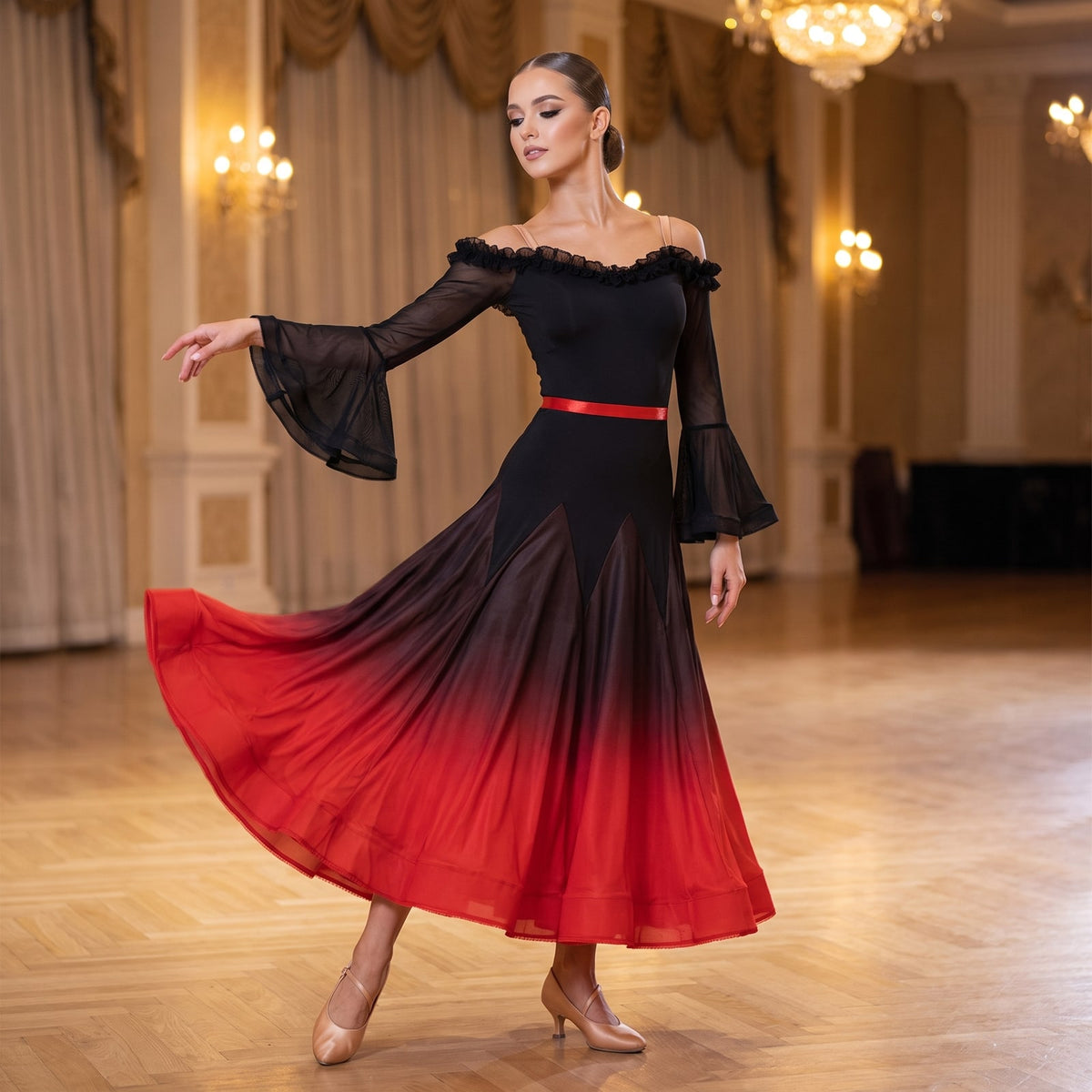 Ruffle Off Shoulder Ballroom Dance Dress Bell Sleeve Ombre Skirt