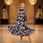 Black Floral Print Ballroom Dance Dress Mesh Puff Sleeve Mermaid Skirt