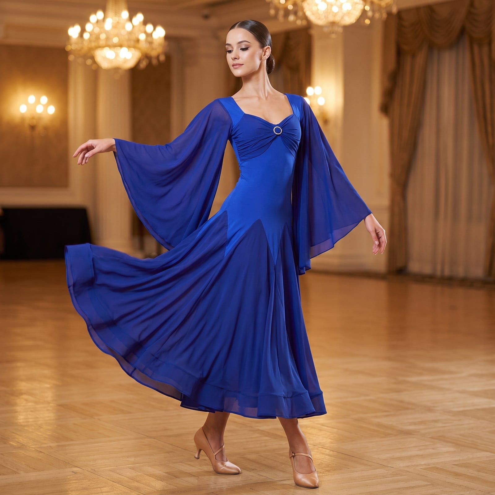 Royal Blue Ballroom Dance Dress Angel Flare Sleeve Ruched Sweetheart