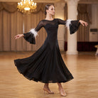 Black Ballroom Dance Dress White Feather Cuff Scattered Rhinestone