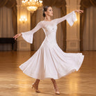 White Ballroom Dance Dress Beaded Sweetheart Bodice Bell Sleeve
