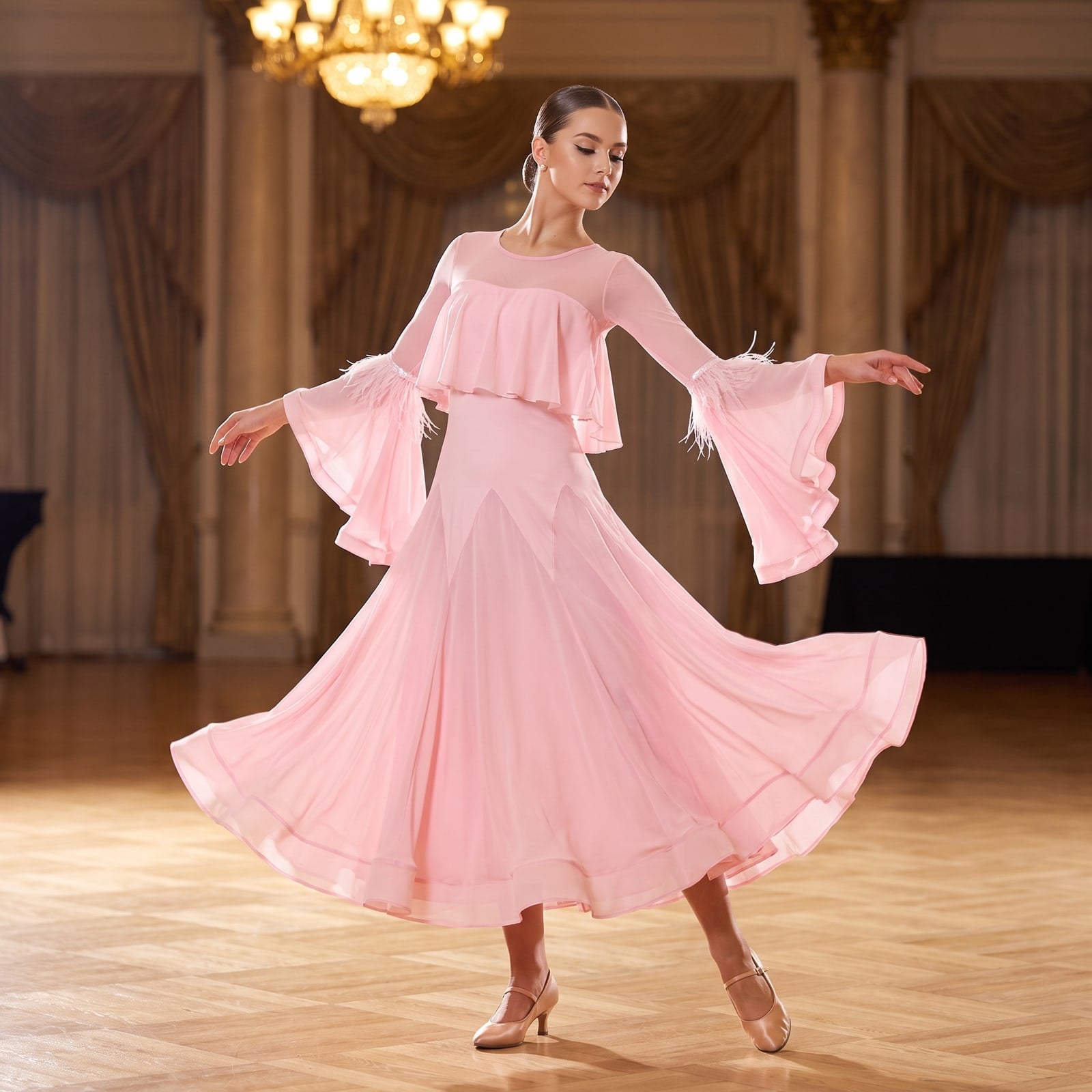 Pink Ballroom Practice Dress Cape Ruffle Tiered Bell Sleeve
