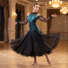 Ruched Yoke Ballroom Dance Dress Sheer Puff Sleeve Black Organza Skirt