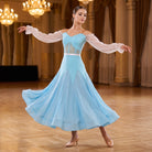 Light Blue Ballroom Dance Dress White Lace Bishop Sleeve Satin Sash