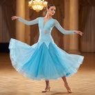 Turquoise Ballroom Dance Dress Pearl Line Bodice Streamer Sleeve