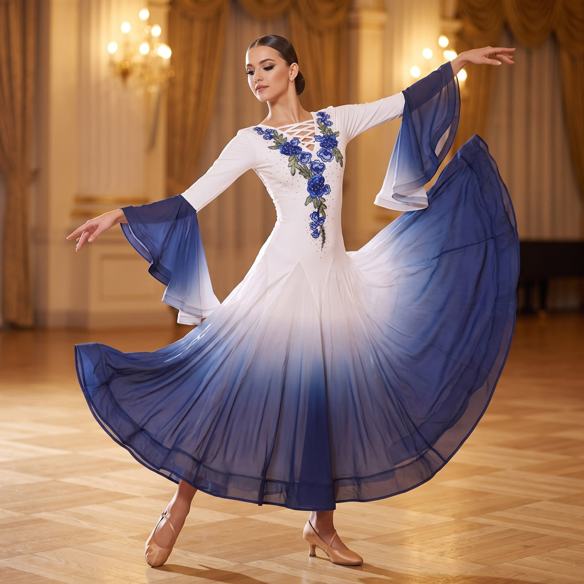 White Navy Ombre Ballroom Dance Dress Rose Embroidery Laced Neckline