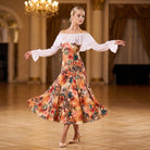 Printed Ballroom Dance Dress White Bardot Ruffle Bishop Sleeve