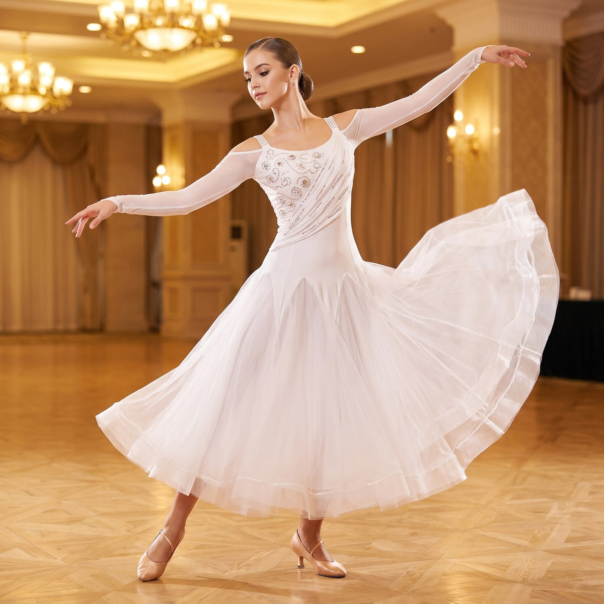 Diagonal Rhinestone Ballroom Dance Dress Strap Shoulder Tulle Skirt