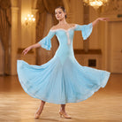 Lace Trim Illusion Ballroom Dance Dress Rhinestone Bodice Bell Sleeve
