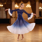 Navy Ballroom Dance Dress Rhinestone Swag Bodice Feather Cuff