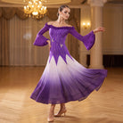 Purple Ballroom Dance Dress Ruffle Bardot Rhinestone Lines Ombre Skirt
