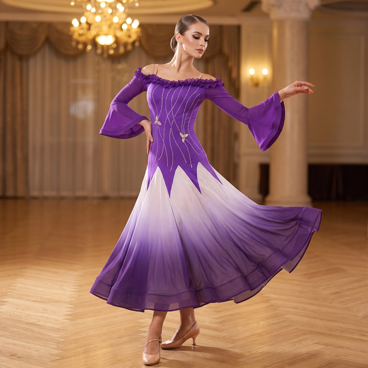Purple Ballroom Dance Dress Ruffle Bardot Rhinestone Lines Ombre Skirt