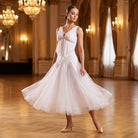 Beaded Empire Waist Ballroom Dance Dress Draped Bodice Tulle Skirt