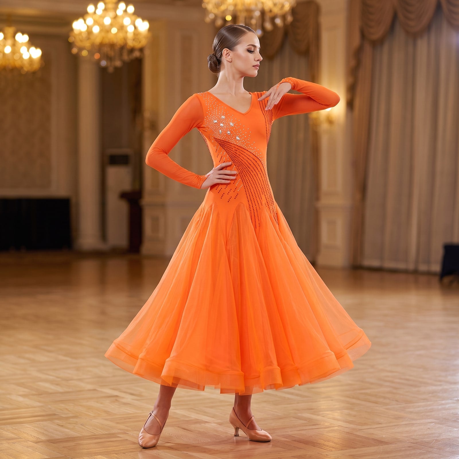 Rhinestone Swirl Ballroom Dance Dress V Neck Long Sleeve Tulle Skirt