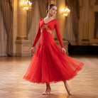 Red Ballroom Dance Dress Gold Baroque Sequin Applique Fringe Sleeve