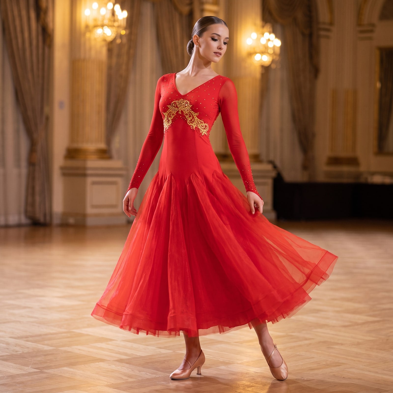 Red Ballroom Dance Dress Gold Baroque Sequin Applique Fringe Sleeve