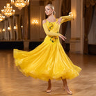 Yellow Ballroom Dance Dress Rose Applique Cold Shoulder Organza Skirt