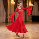Red Ballroom Dance Dress Rhinestone Illusion Band Tiered Bell Sleeve