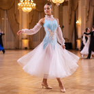 Light Blue Ballroom Dance Dress Tulle Ruffle Collar Gold Beaded Bodice