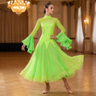Neon Green Ballroom Dance Dress Rhinestone Bodice Tiered Bell Sleeve