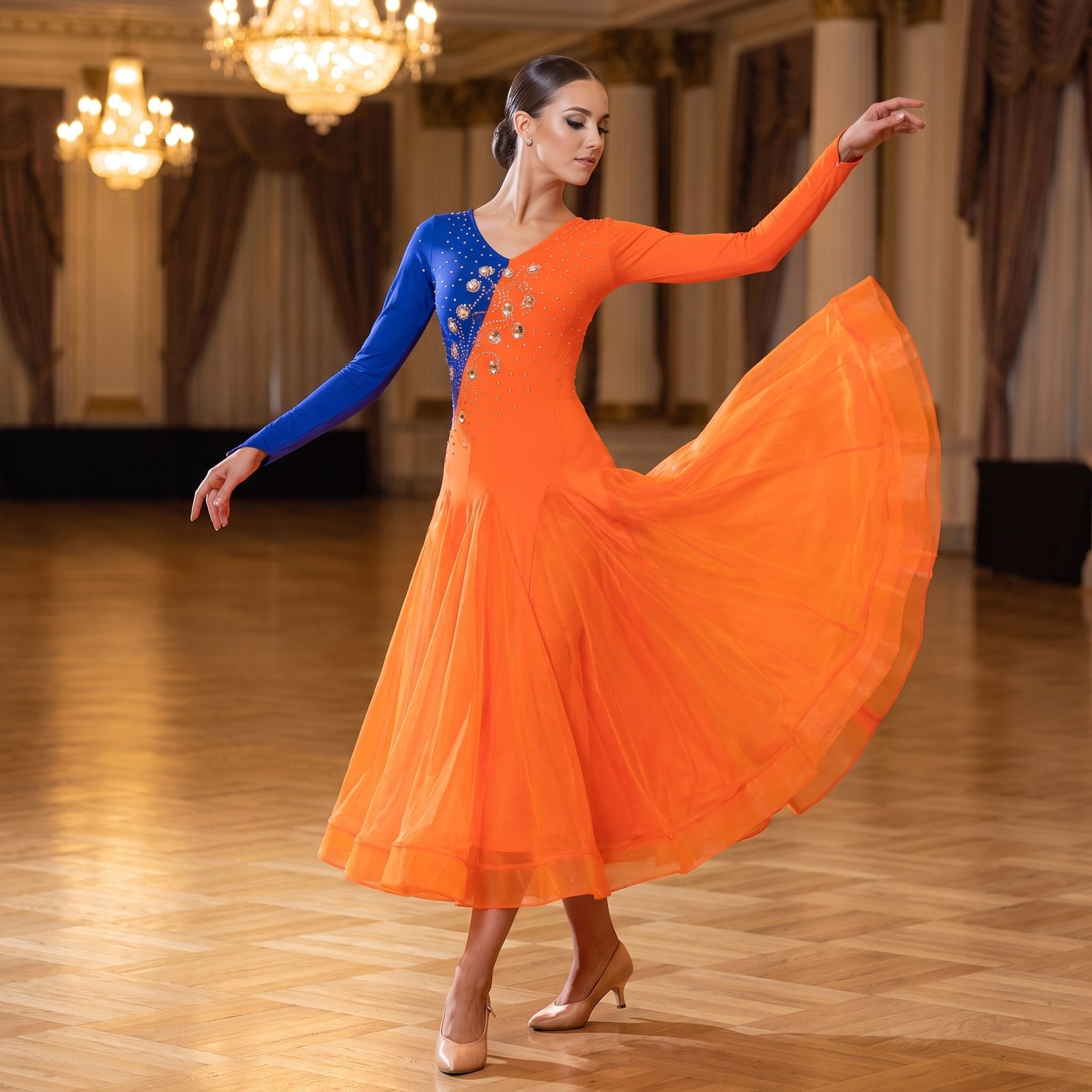 Colour Block Ballroom Dance Dress Crystal Diagonal Contrast Sleeve