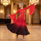 Red Ballroom Dance Dress Crystal Square Accents Angel Flare Sleeve