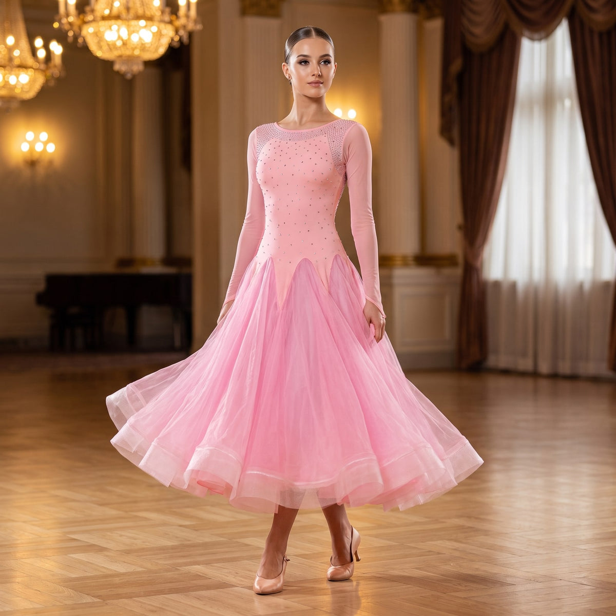 Pink Ballroom Dance Dress Rhinestone Illusion Yoke Lace-Up Back