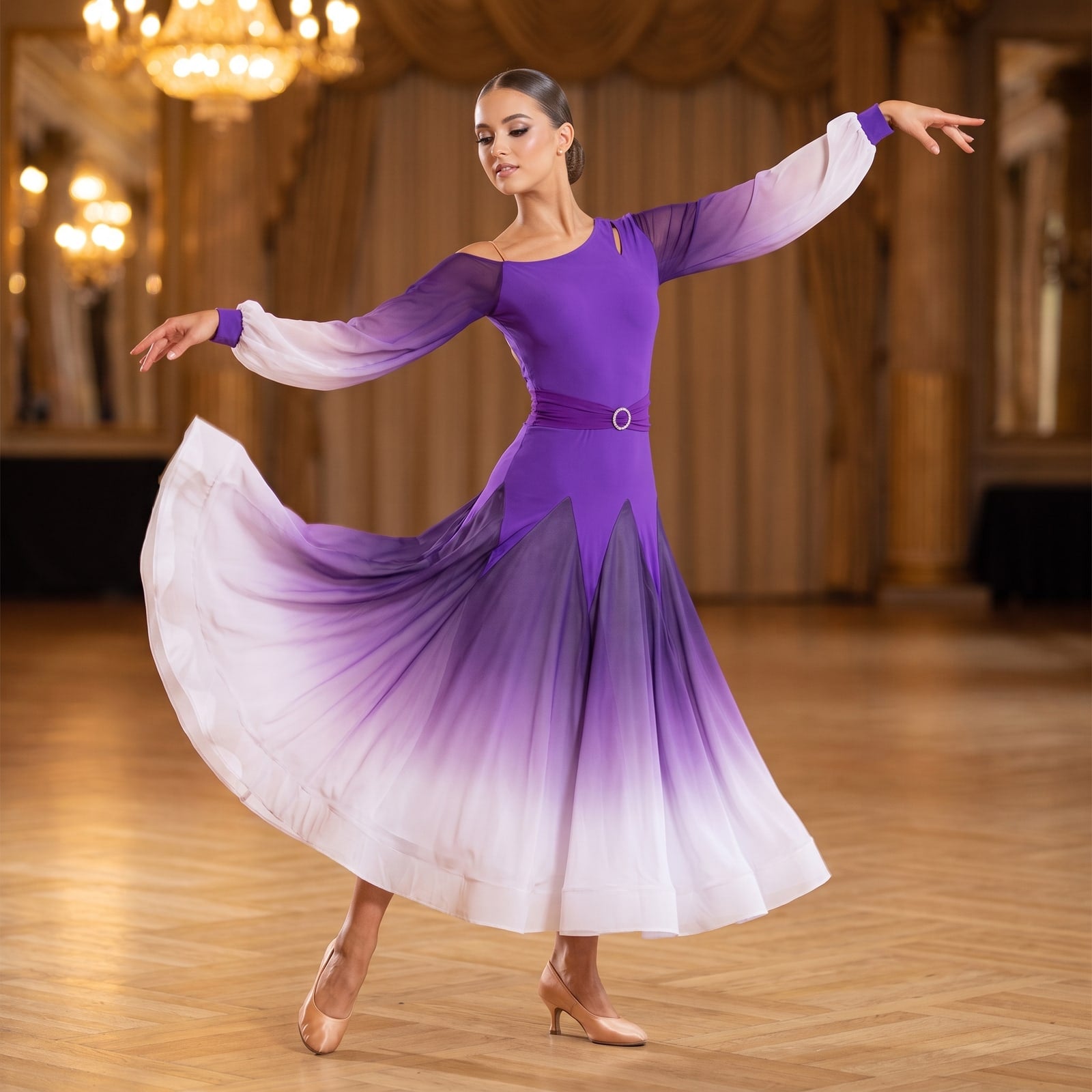 Purple Ombre Ballroom Dance Dress One Shoulder Ring Buckle Waist