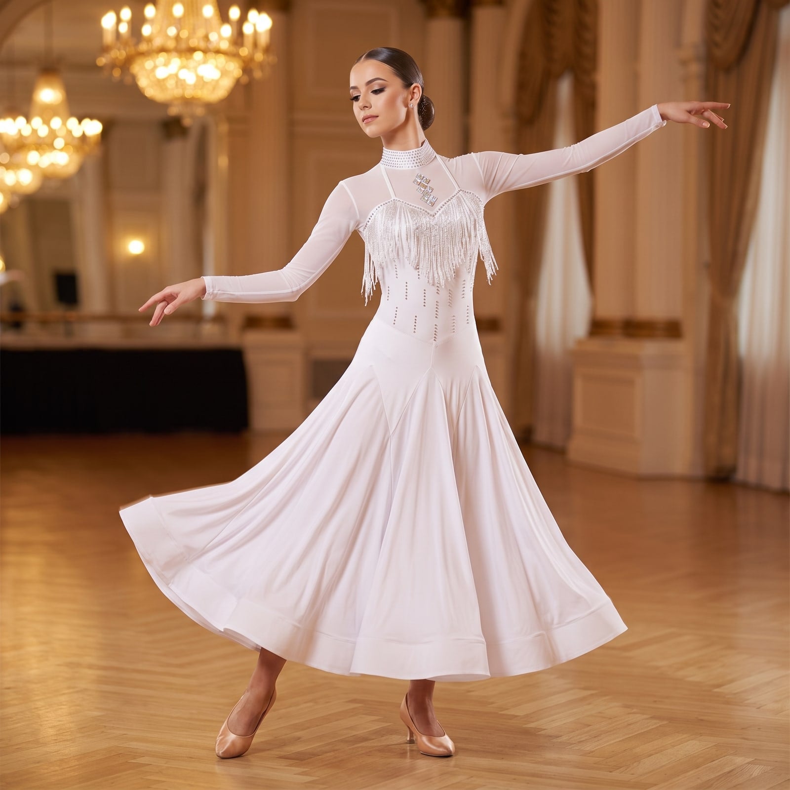 White Ballroom Dance Dress Beaded Fringe Shoulders Stone Collar