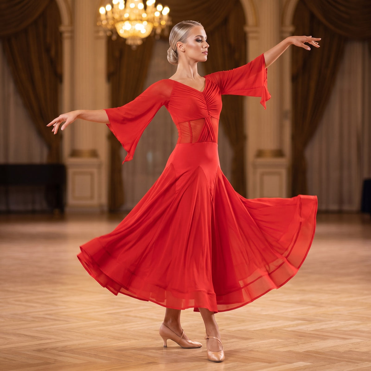 Red Ballroom Dance Dress Ruched V Bodice Mesh Insert Flare Sleeve
