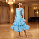 Two Tier Ruffle Skirt Ballroom Dance Dress Mesh Yoke Bell Sleeve