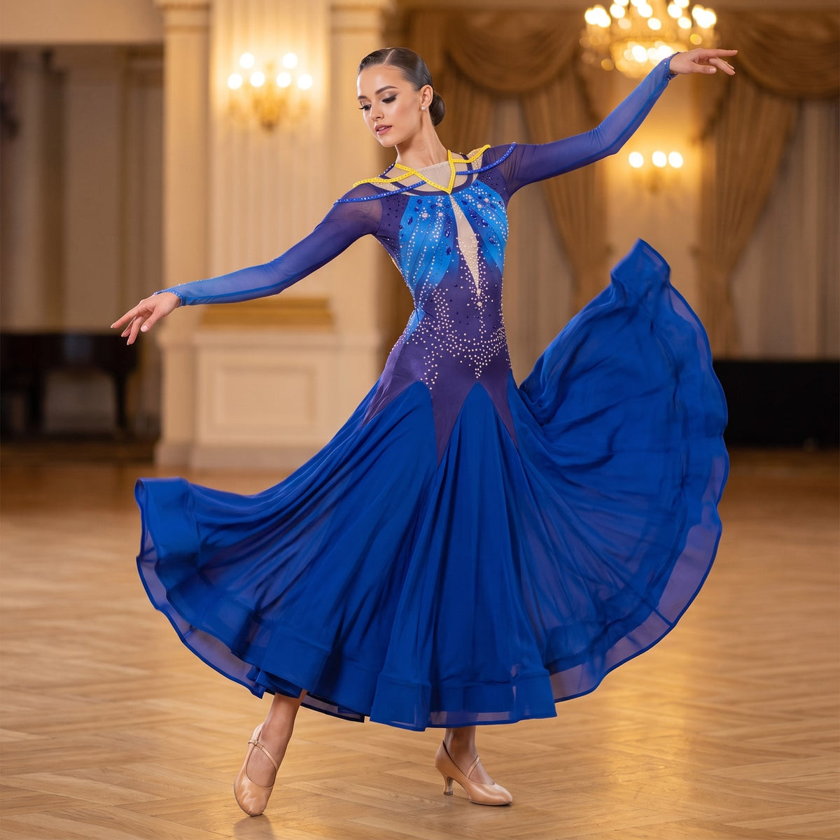 Royal Blue Ballroom Dance Dress Jewelled Shoulder Yoke Streamer Sleeve