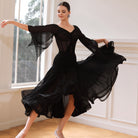 Black Ballroom Dance Skirt Layered Chiffon Mesh Long Swing Skirt, on model