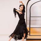 Black Ballroom Dance Skirt Organza Cascade Ruffle Rose Waist Skirt, on model