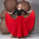 Red full circle chiffon ballroom skirt swept wide through a turn