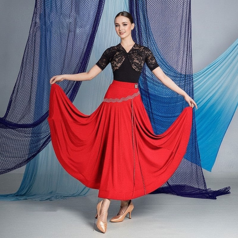 Red rhinestone wave ballroom dance skirt for ballroom practice, front view