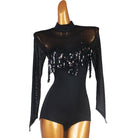 Latin Dance Leotard Sequin Fringe Mesh Long Sleeve Bodysuit in Black, front view