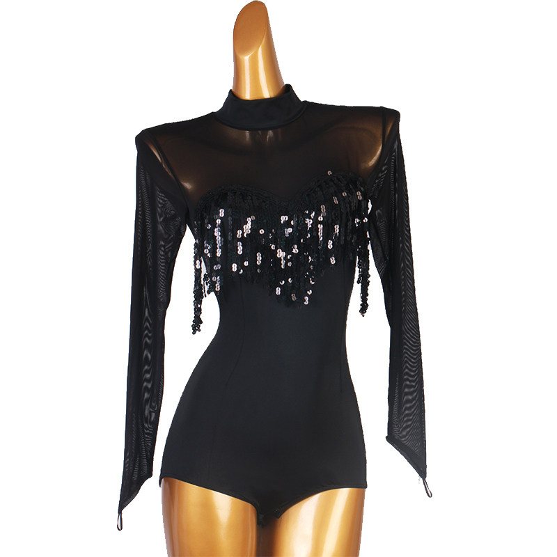 Latin Dance Leotard Sequin Fringe Mesh Long Sleeve Bodysuit in Black, front view