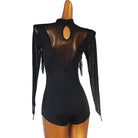 Latin Dance Leotard Sequin Fringe Mesh Long Sleeve Bodysuit in Black, back view