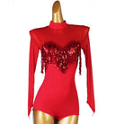 Latin Dance Leotard Sequin Fringe Mesh Long Sleeve Bodysuit in Red, front view